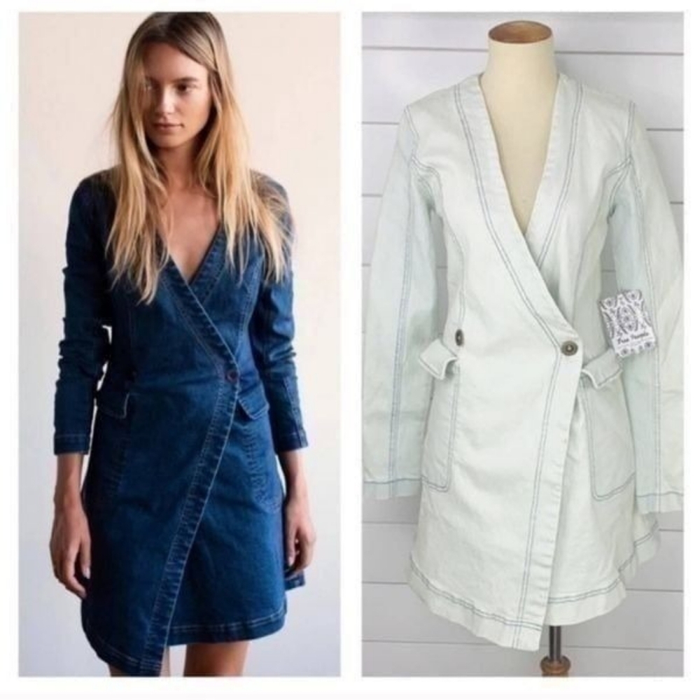 Free People Going Places Mini Denim Jean blazer shirt dress Walk into Clouds 4